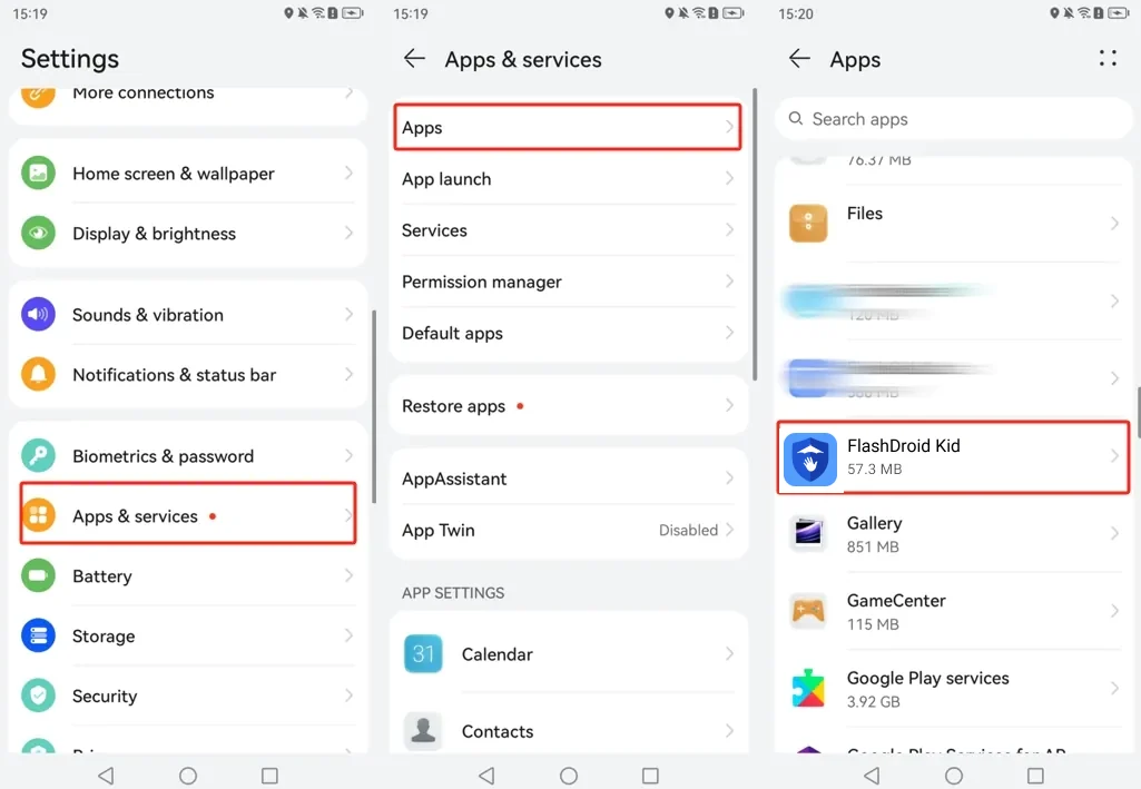 Huawei settings showing Apps and services, Apps, and FlashDroid Kid in the app list