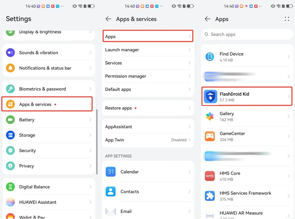 Huawei HarmonyOS 4 settings showing Apps and services, Apps, and FlashDroid Kid