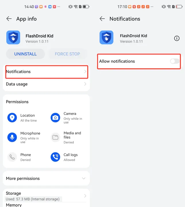 FlashDroid Kid notifications screen on HarmonyOS 4 with Allow notifications to switch on