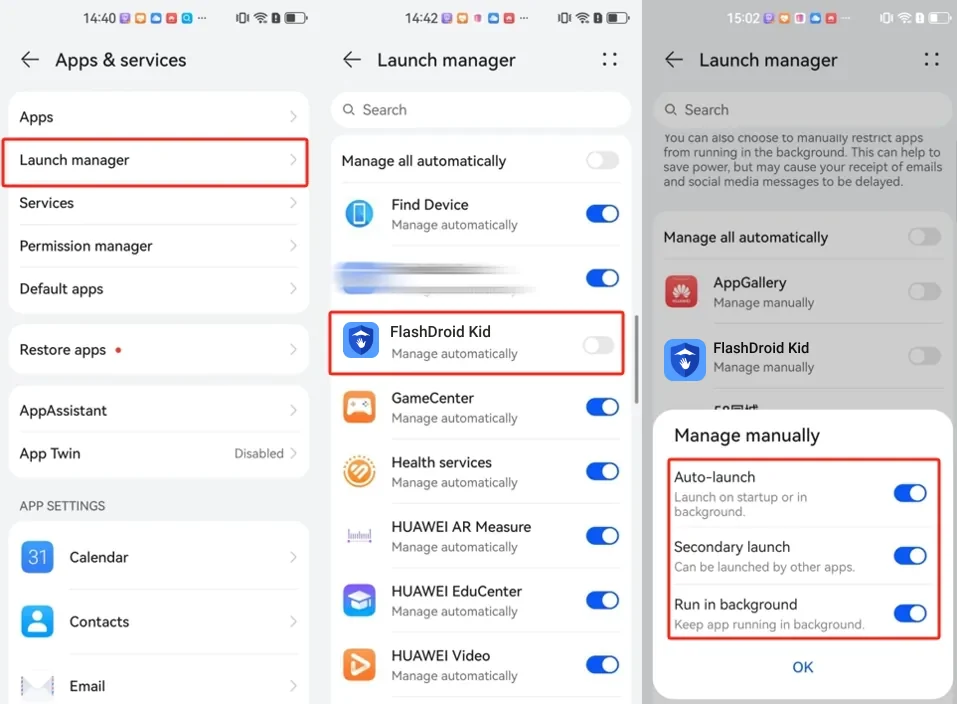 HarmonyOS 4 Launch manager with FlashDroid Kid set to manage manually and all three launch toggles enabled