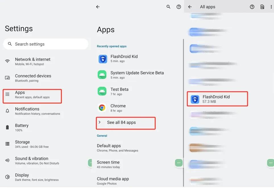 Motorola settings showing Apps, See all apps and FlashDroid Kid in the list