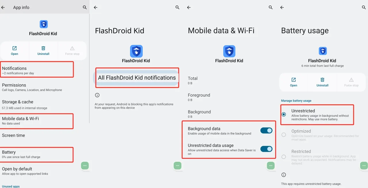 FlashDroid Kid App info on Motorola showing notifications enabled, background data toggles on and battery usage set to Unrestricted