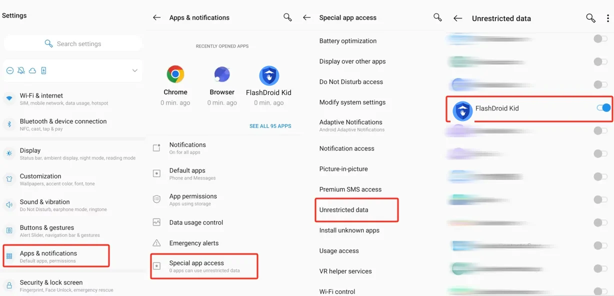 OnePlus Special app access showing the Unrestricted data list with FlashDroid Kid switched on