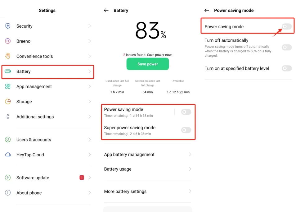ColorOS Battery screen with Power saving mode and Super power saving mode switched off