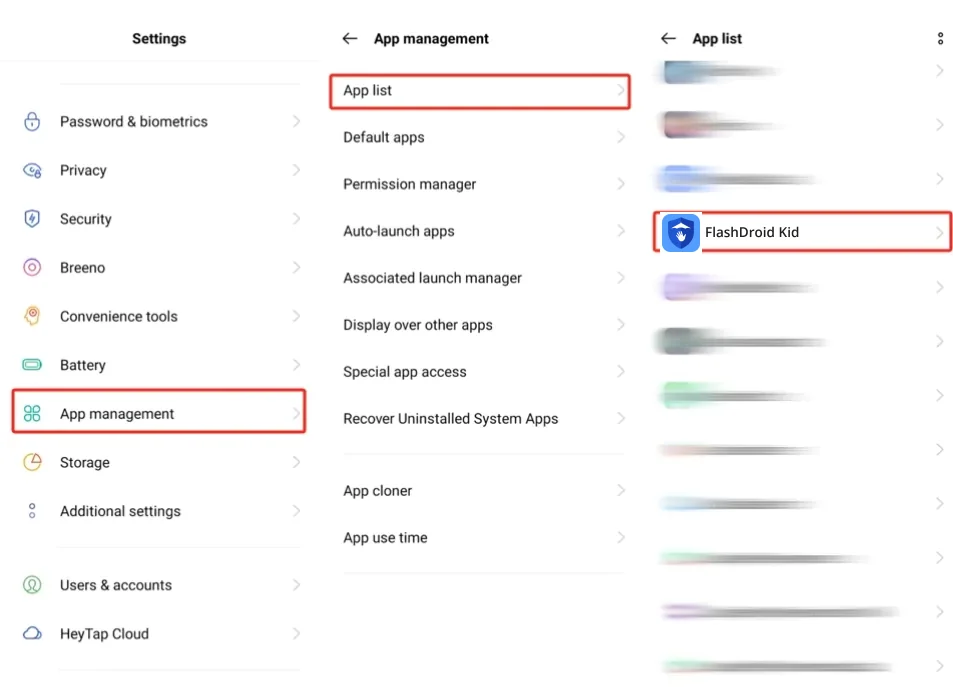 ColorOS App management and App list with FlashDroid Kid selected