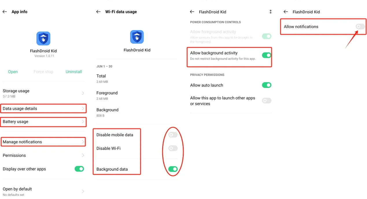 FlashDroid Kid App info on ColorOS with background data on, Allow background activity enabled and the notifications toggle to switch on