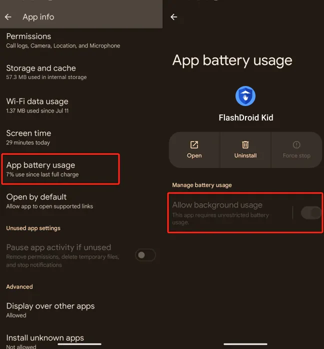 FlashDroid Kid App battery usage screen on a Pixel showing Allow background usage enabled with unrestricted battery usage