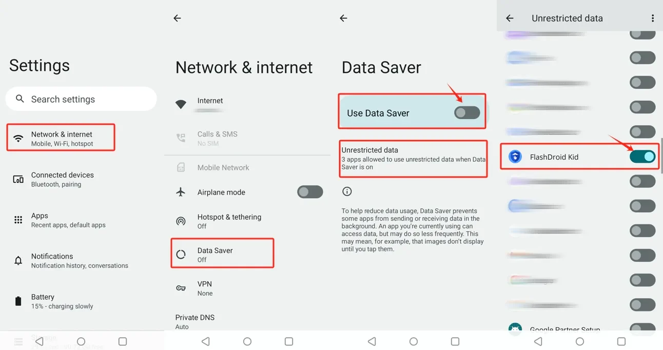 realme settings showing Network and internet, Data Saver and the Unrestricted data list with FlashDroid Kid on