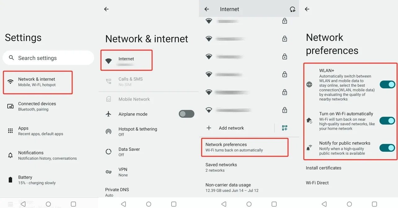 realme Network preferences with WLAN+ and automatic Wi-Fi enabled