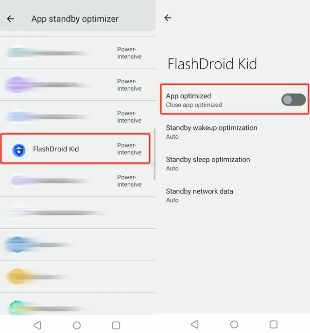 realme App standby optimizer with FlashDroid Kid's optimization toggle switched off
