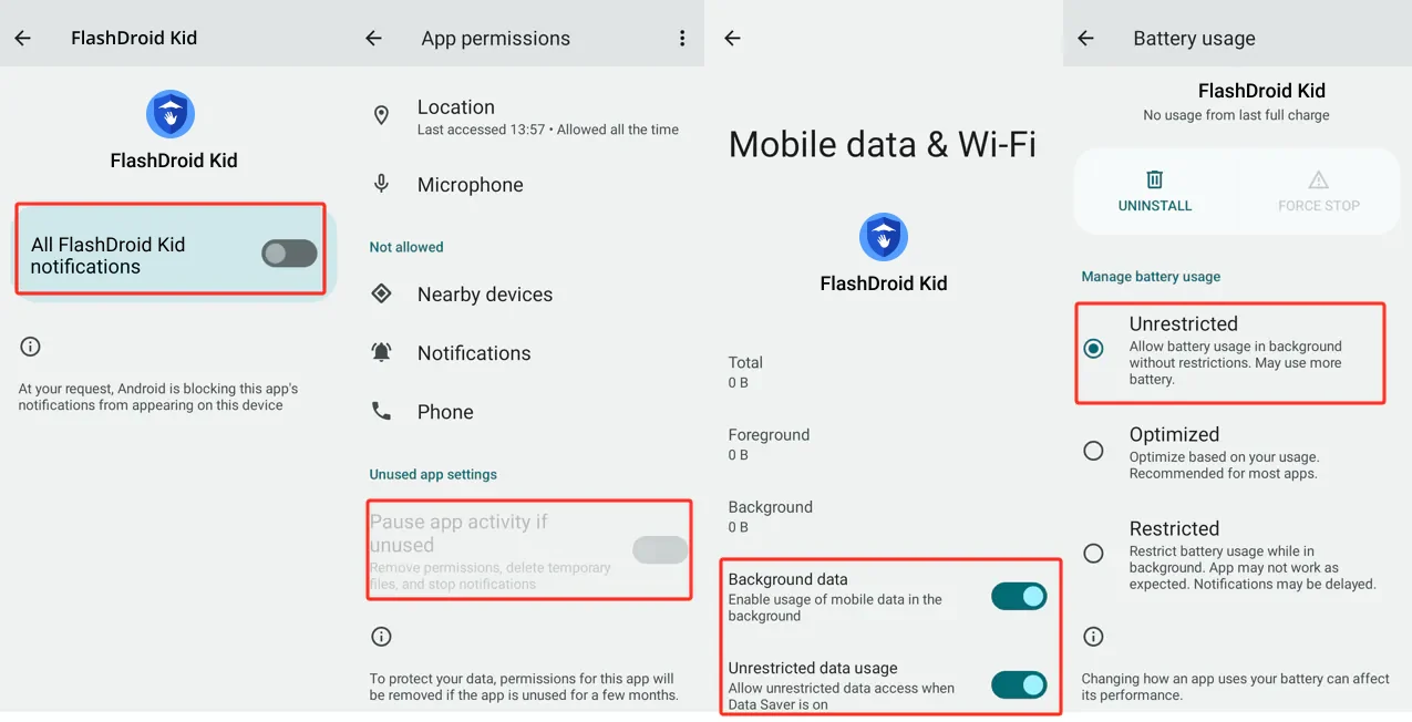 FlashDroid Kid notification, permission, data and battery screens on realme with background data on and battery set to Unrestricted