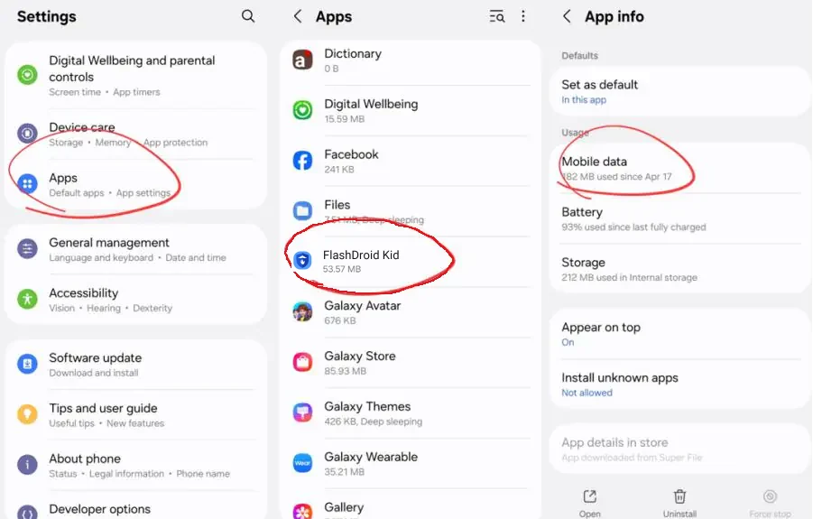 Samsung settings on Android 12 showing Apps, FlashDroid Kid and the Mobile data entry on the App info screen