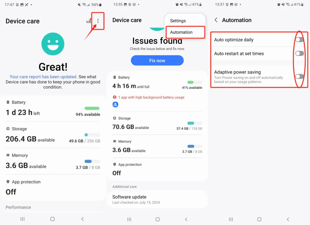 Device care Automation screen with auto optimize, auto restart and adaptive power saving all off