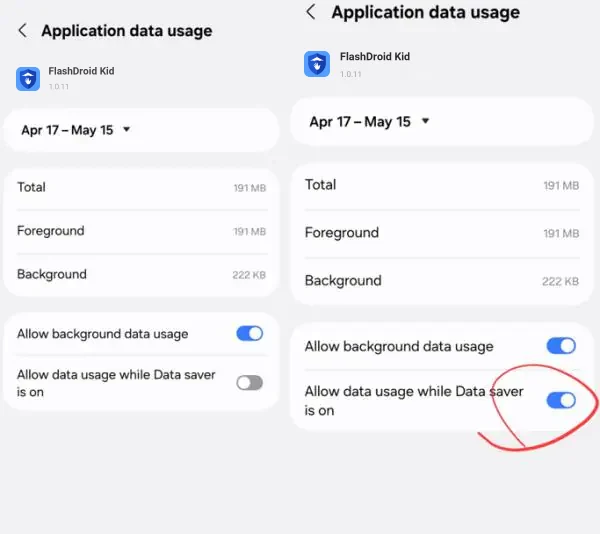 Application data usage screen with both background data toggles enabled
