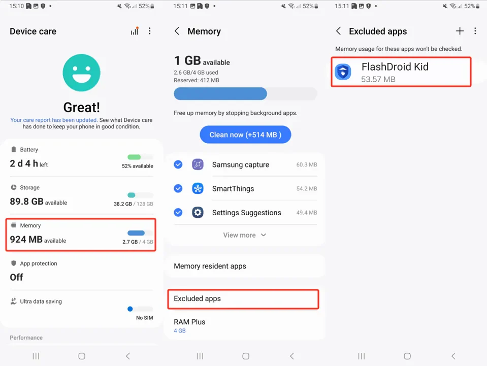 Device care Memory screen with FlashDroid Kid in the Excluded apps list