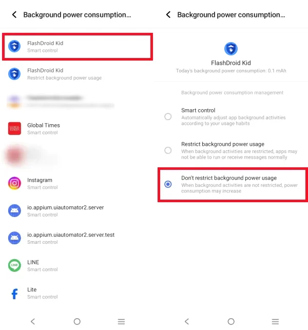 Background power consumption management with FlashDroid Kid set to Don't restrict background power usage
