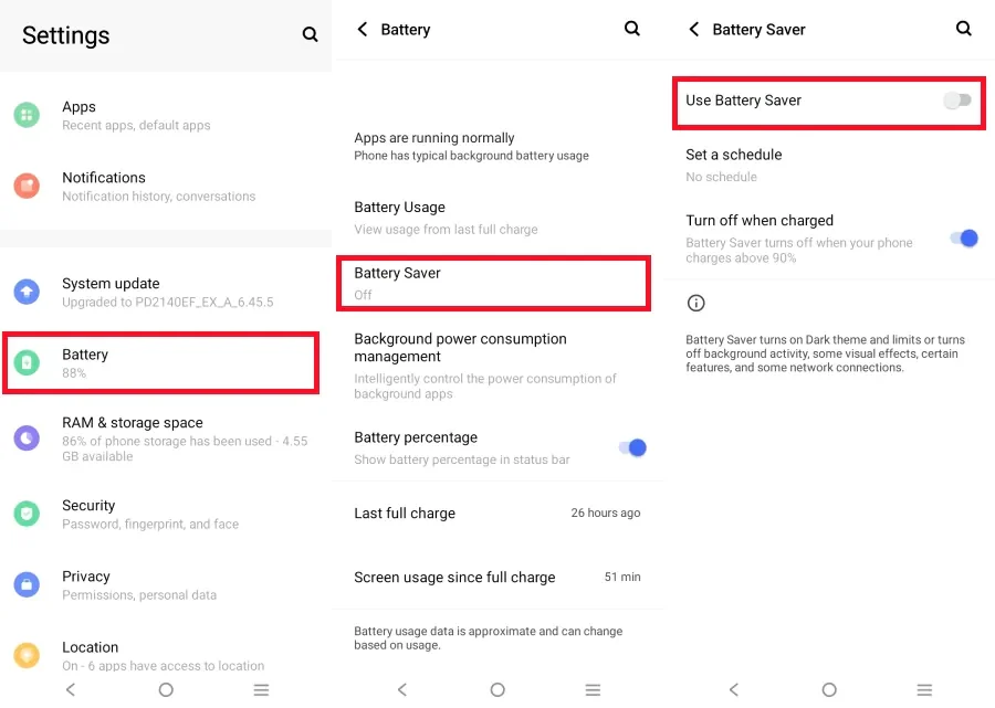 vivo Battery Saver screen with Use Battery Saver switched off