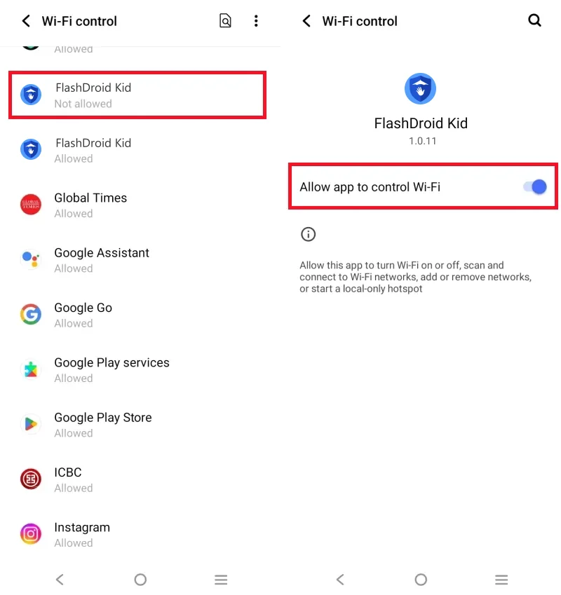 vivo Wi-Fi control screen with Allow app to control Wi-Fi enabled for FlashDroid Kid