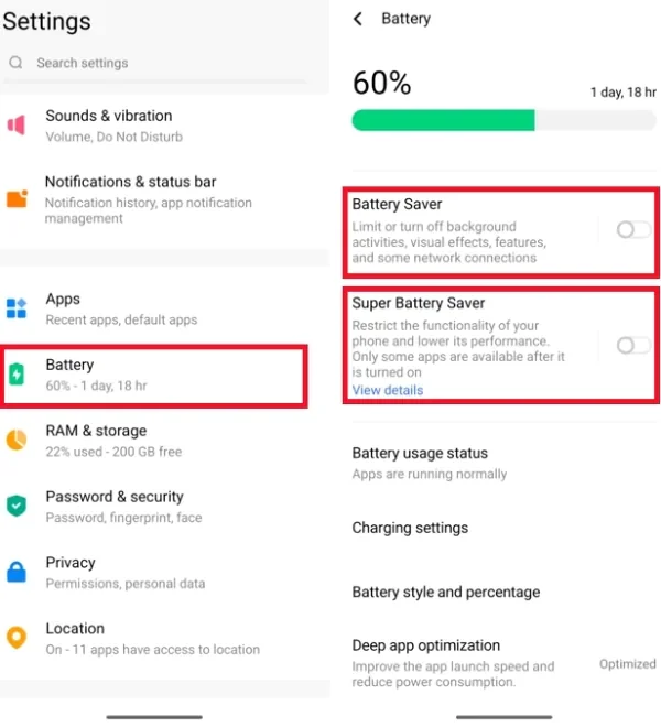 vivo Battery screen with Battery Saver and Super Battery Saver both off
