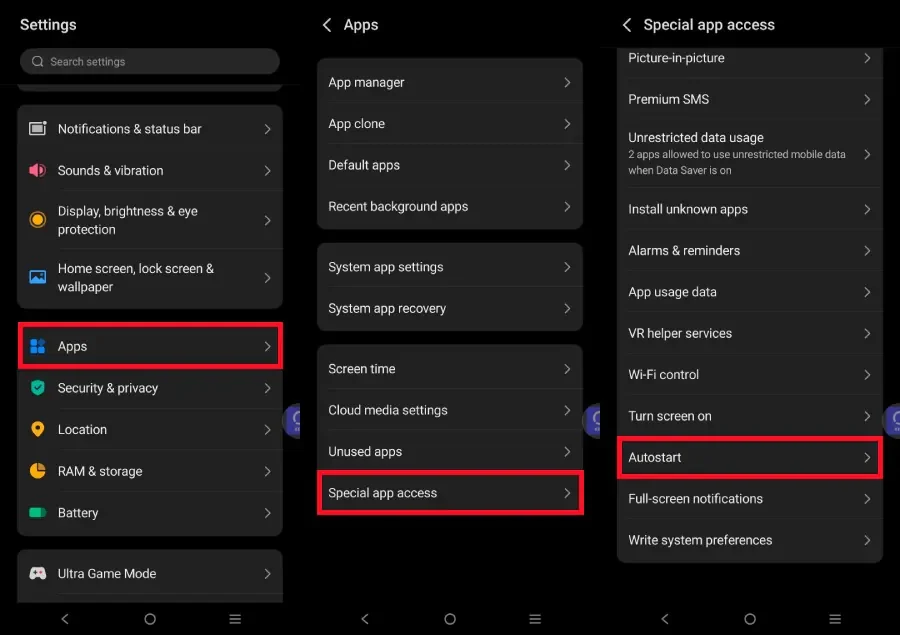 vivo settings on Android 16 showing Apps, Special app access and Autostart
