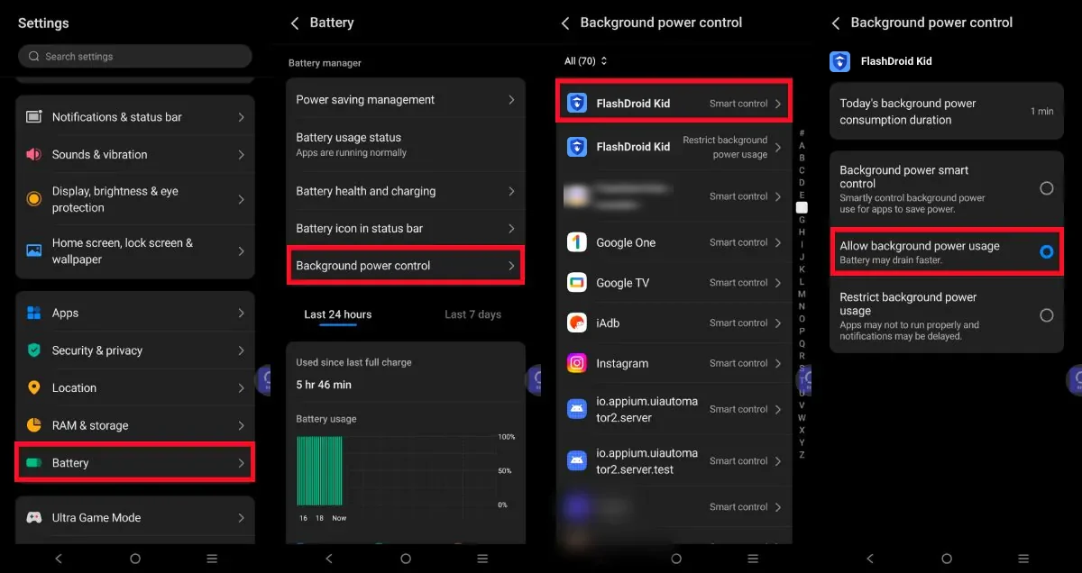 vivo Battery settings route to Background power control with FlashDroid Kid set to Allow background power usage