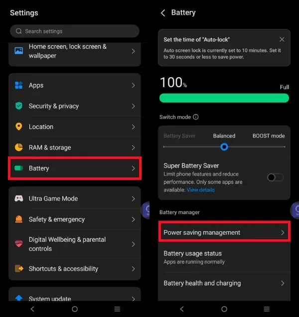 vivo Battery screen on Android 16 showing Power saving management