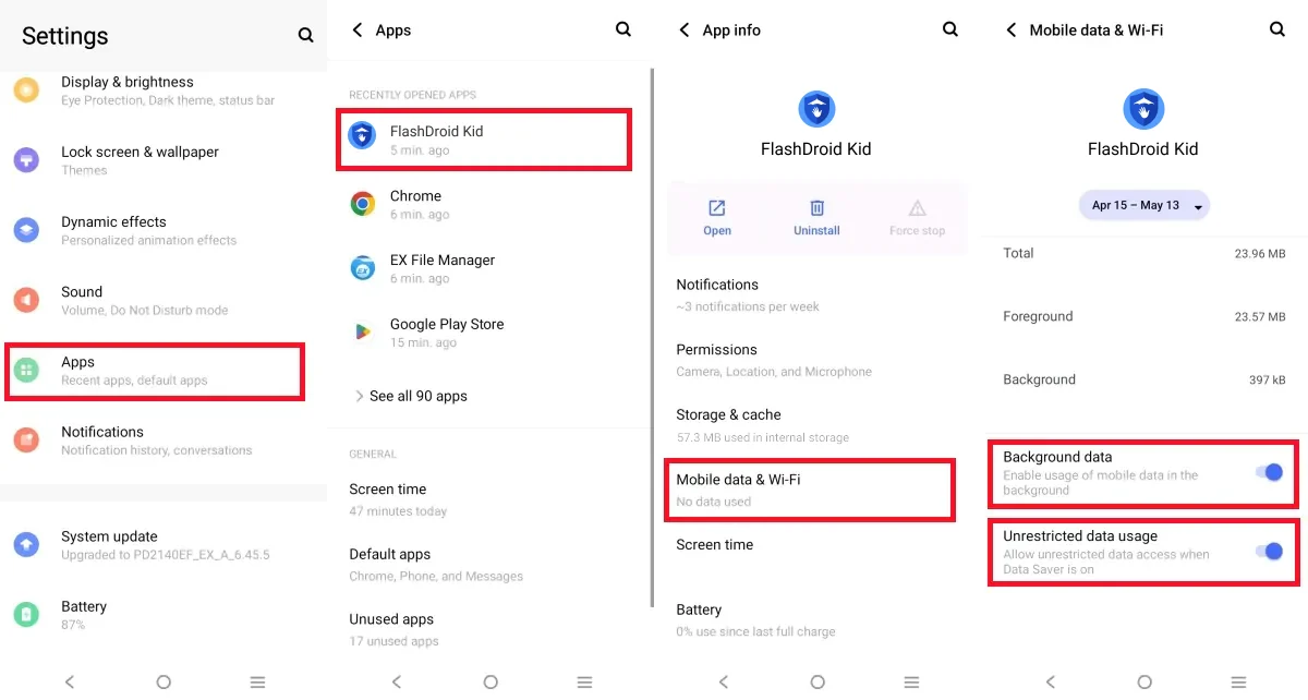 FlashDroid Kid Mobile data and Wi-Fi settings with both background data toggles on