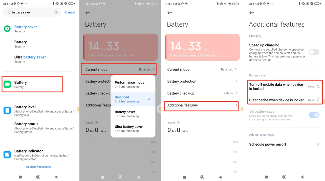 MIUI 14 Battery screen with mode set to Balanced and lock-screen data and cache options set to Never