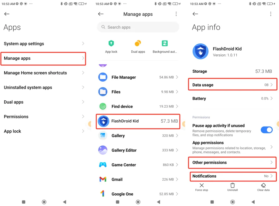 MIUI 14 Manage apps and FlashDroid Kid App info showing Data usage, Other permissions and Notifications entries