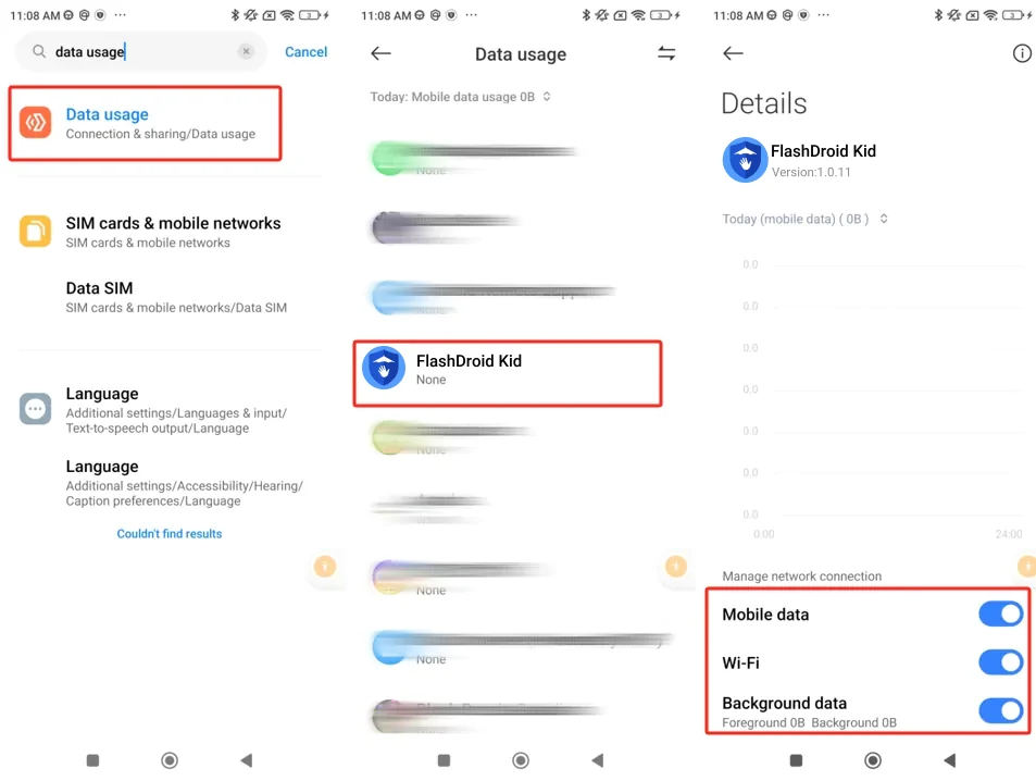 MIUI 14 data usage details for FlashDroid Kid with Mobile data, Wi-Fi and Background data all on
