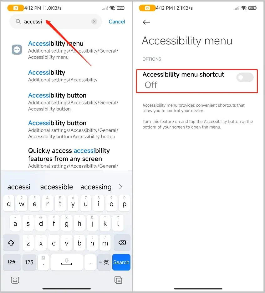 MIUI settings search for accessibility showing the Accessibility menu screen