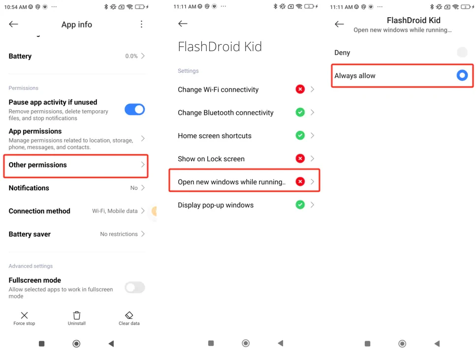 MIUI Other permissions screen with Open new windows while running in the background set to Always allow