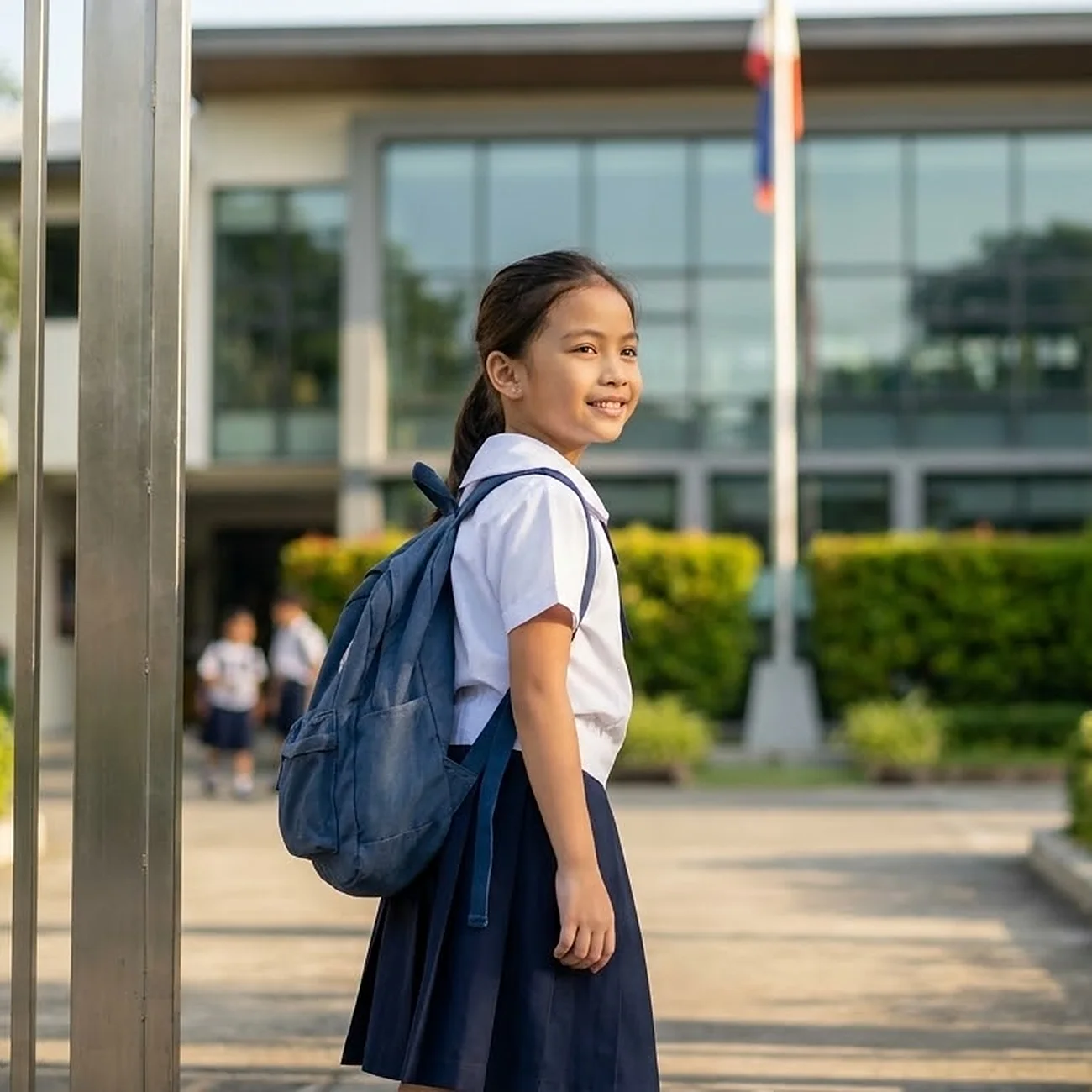 A girl in school uniform with a blue backpack walking through the gate of a modern school on a bright morning, glancing back with a smile