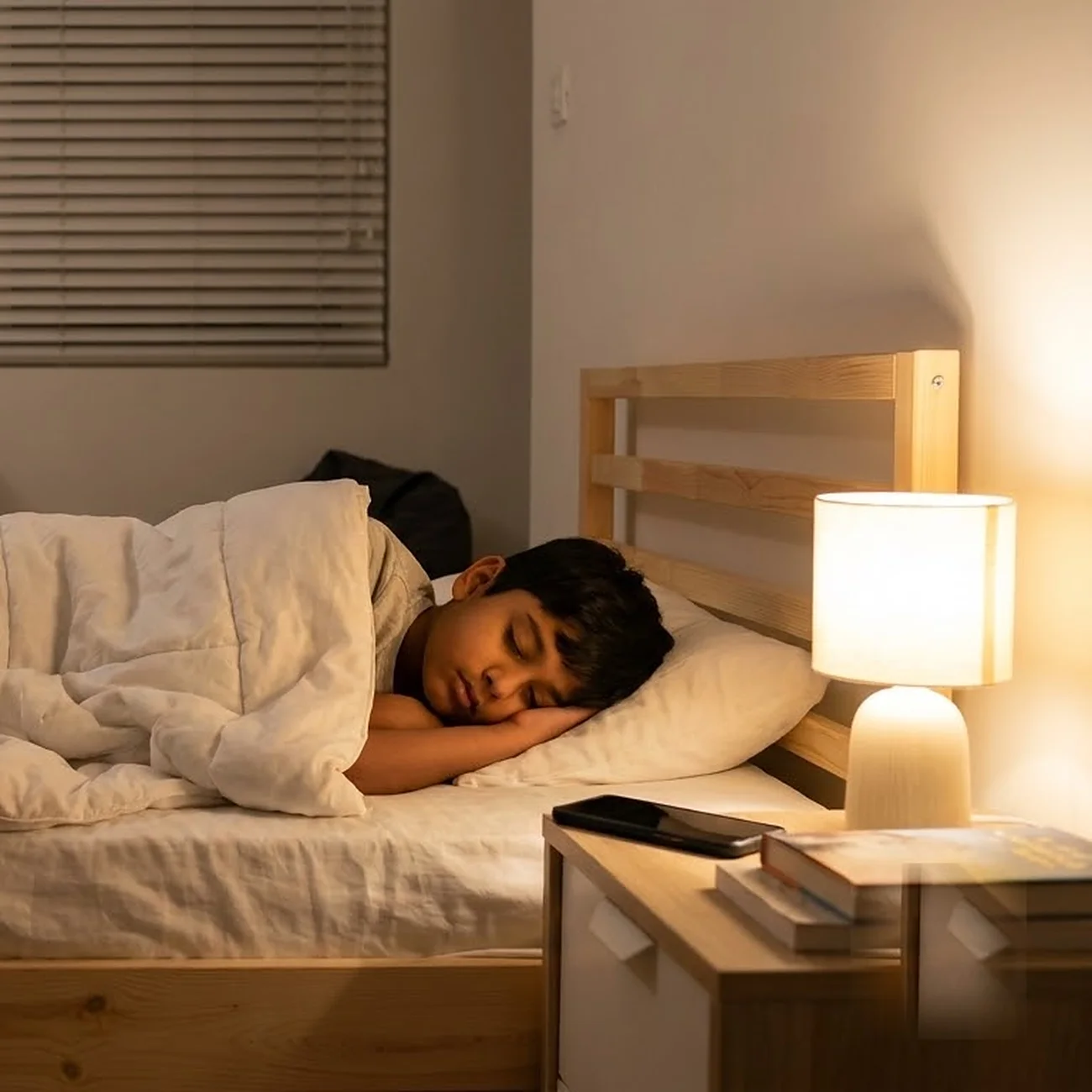 A boy fast asleep under a white duvet, a warm bedside lamp on and his phone lying face down on the bedside table
