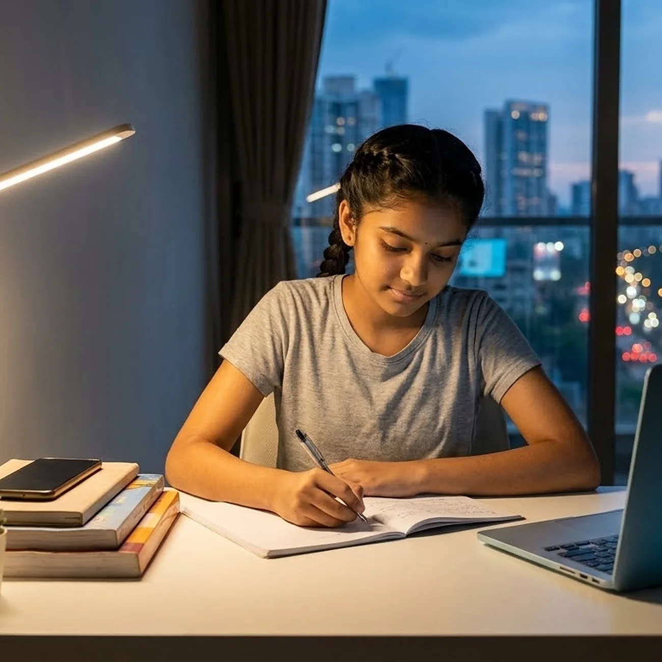 A teenage girl writing in her exercise book at a tidy white desk in the evening, a laptop open beside her and city lights in the window