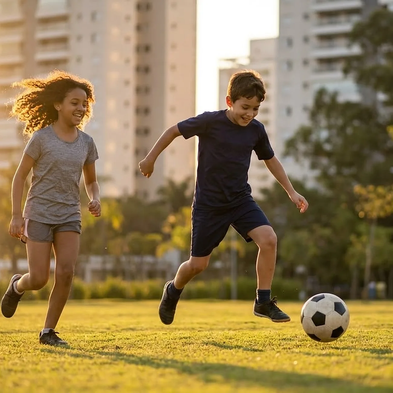A boy and a girl chasing a round football across a sunlit park pitch in the late afternoon, apartment towers behind them