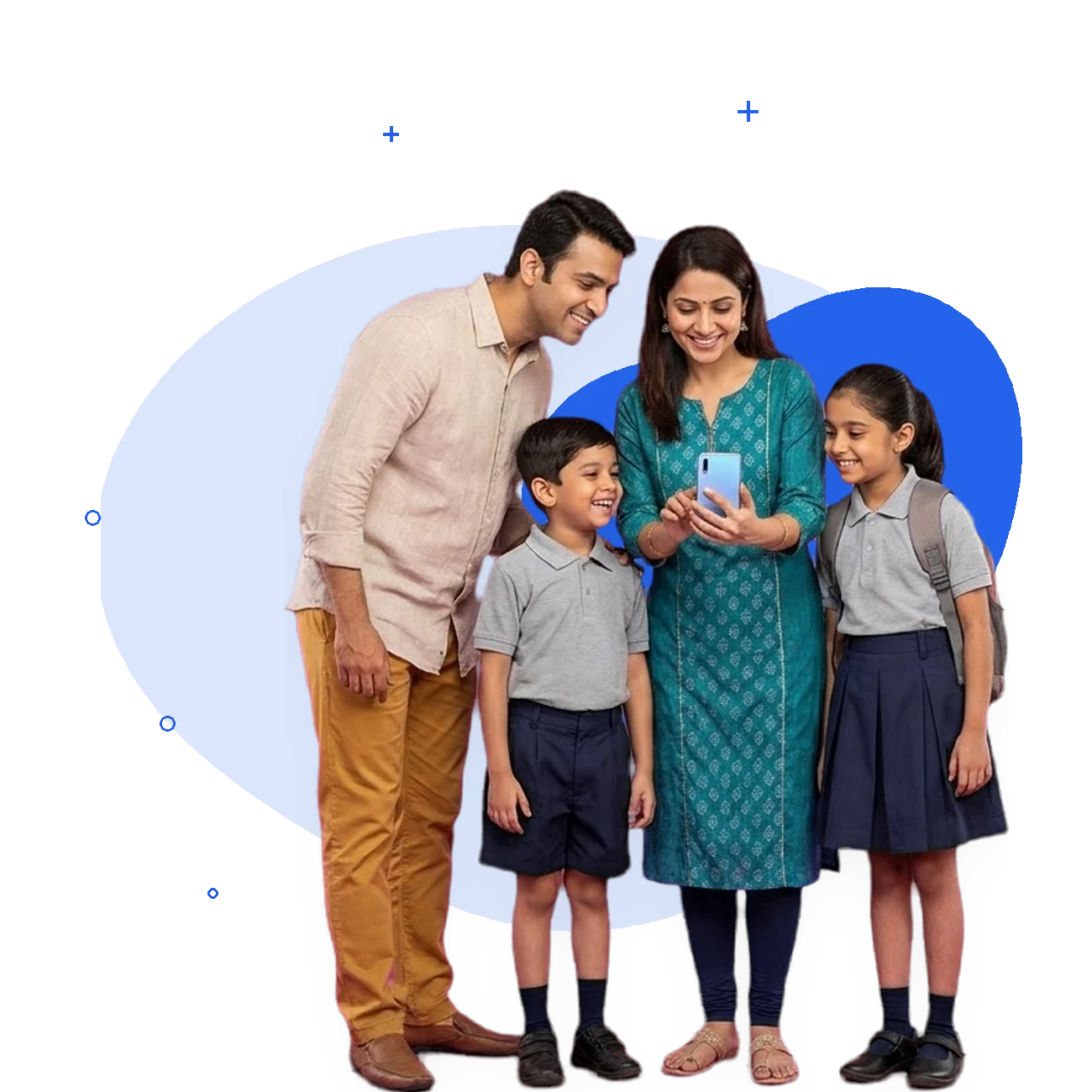 A mother, father, daughter and son, the children in school uniform, standing close together and smiling at the phone the mother holds