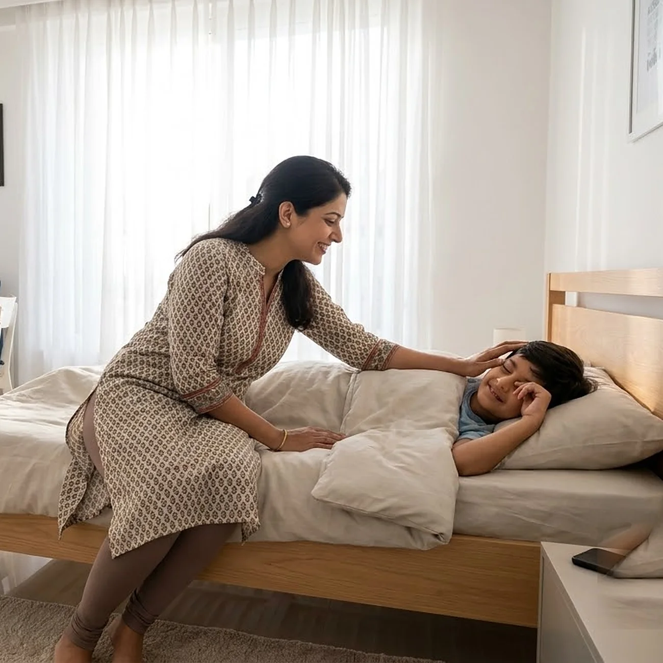 A mother sitting on the bed gently waking her sleepy son for school in a bright modern bedroom, his uniform and school bag ready on the desk and his phone face down on the bedside table