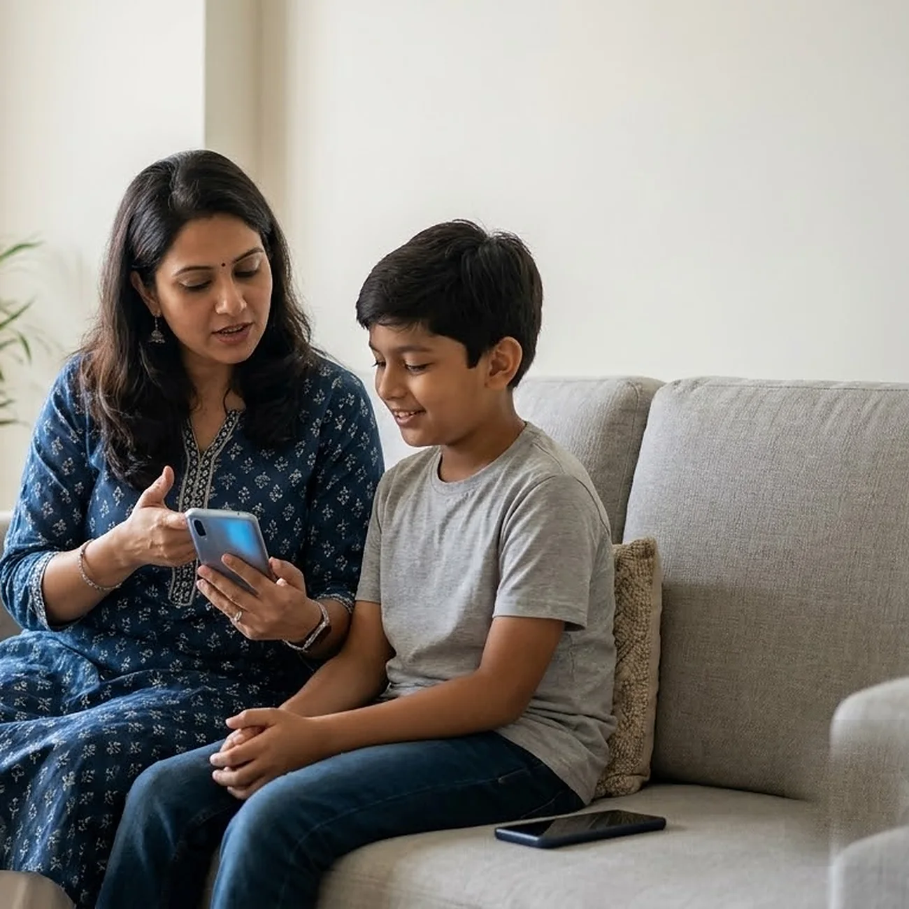 A mother and her son sitting together on a grey sofa, looking at the phone she holds as she explains something, his own phone lying on the cushion beside him