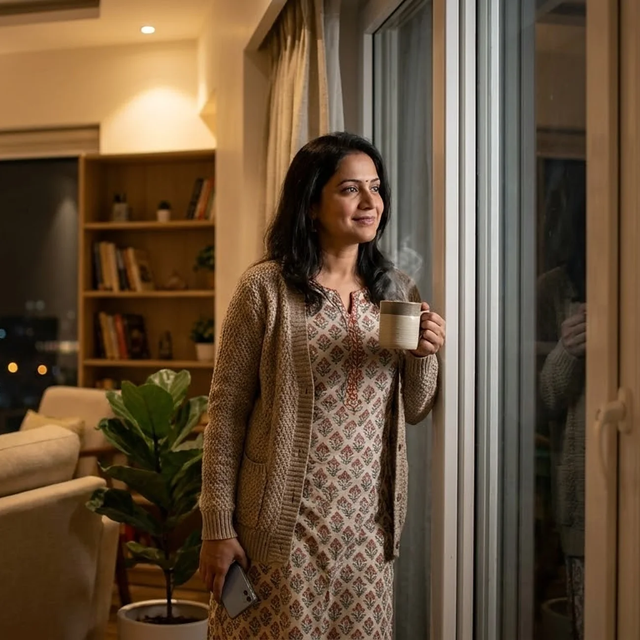 A mother standing at her living-room window at night with a cup of tea, her phone at her side, looking out calmly