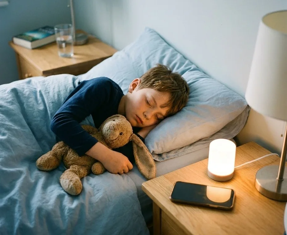 A boy asleep in bed hugging a stuffed rabbit, a night light glowing and his phone dark on the bedside table.